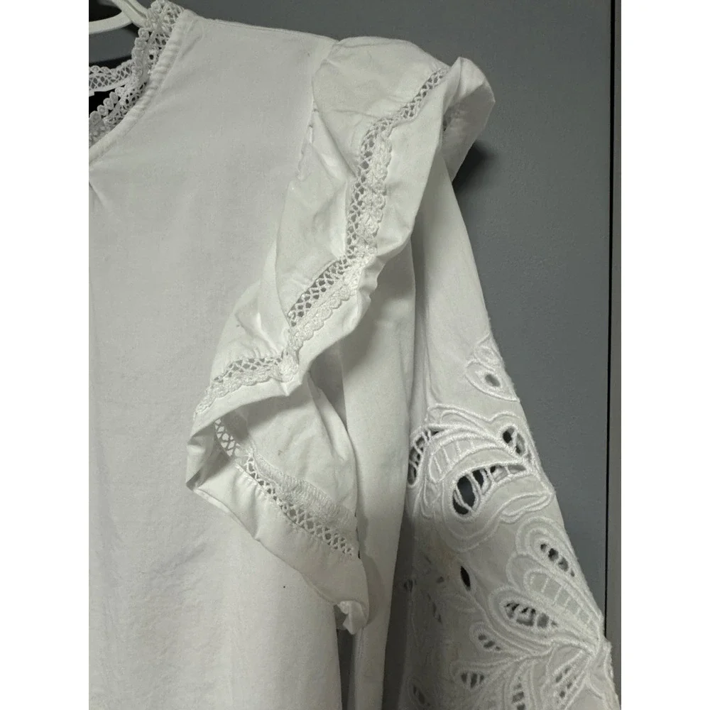 J.Crew‎ White Cotton Lace Trim Ruffle Sleeve Broderie Anglaise Blouse Top M
